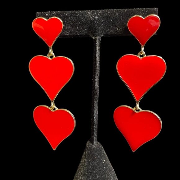 Heart Charm Necklace And Red Triple Heart Drop Earrings Set Trendy Valentine - Picture 8 of 9